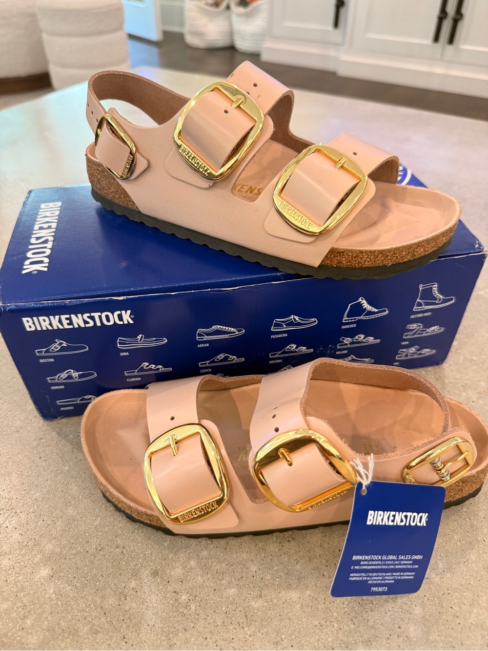 Birkenstock Milano Big Buckle High-Shine New Beige with Gold Hardware